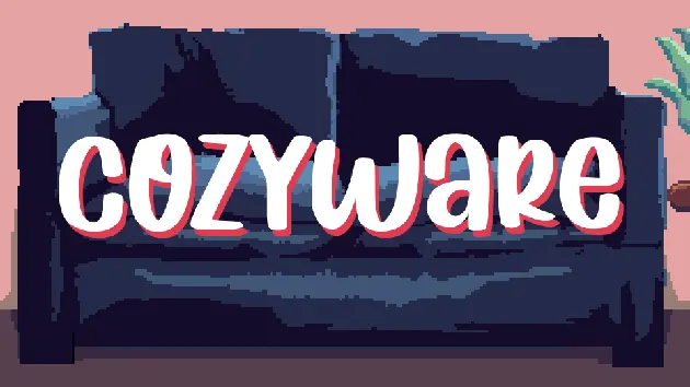 Cozyware title art showing a warm room on a snowy evening